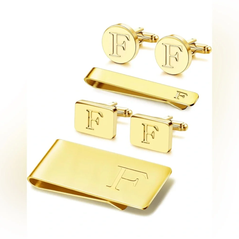 Elegant Gold Cufflink, money clip and Tie Clip Set - letter F